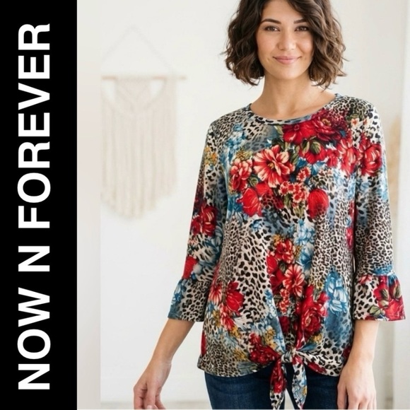 Now N Forever Tops - Now N Forever Boho Artsy Mixed Media Tunic 3/4 Sleeve Floral Animal Print Size M